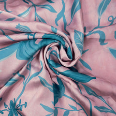 Mridu Digitally Printed Modal Satin Fabric on Soft Mauve Pink Base with blue floral patterns