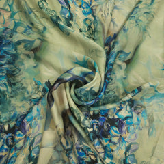 Mridu Digitally Printed Modal Satin Fabric on Pale Mint Green Base with blue floral patterns