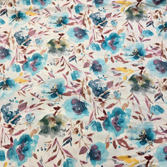 Digitally Printed Modal Fabric on White Base with Blue, Green & Purple Floral Patterns