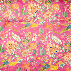 Pink Bird & Floral Digital Print Muslin Fabric