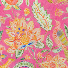 Pink Bird & Floral Digital Print Muslin Fabric