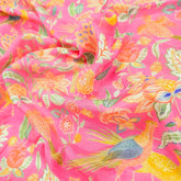 Pink Bird & Floral Digital Print Muslin Fabric