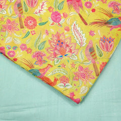 Yellow Bird & Floral Digital Print Muslin Fabric