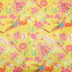 Yellow Bird & Floral Digital Print Muslin Fabric