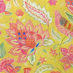 Yellow Bird & Floral Digital Print Muslin Fabric