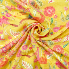 Yellow Bird & Floral Digital Print Muslin Fabric