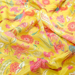 Yellow Bird & Floral Digital Print Muslin Fabric