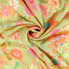 Moss Green Bird & Floral Digital Print Muslin Fabric