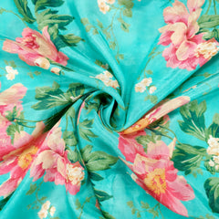 Floral Digital Print On Light Sea Green Color Muslin Fabric