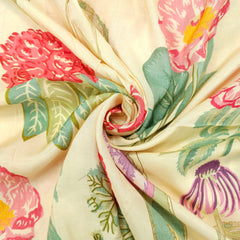Floral Digital Print On Cream Color Muslin Fabric