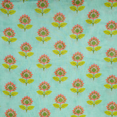 Floral Digital Print On Pastel Mint Green Base Muslin Fabric