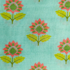 Floral Digital Print On Pastel Mint Green Base Muslin Fabric