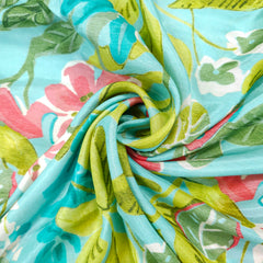 Floral Digital Print On Ocean Green Base Muslin Fabric