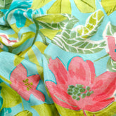 Floral Digital Print On Ocean Green Base Muslin Fabric