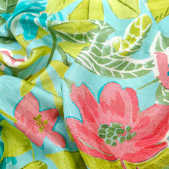 Floral Digital Print On Ocean Green Base Muslin Fabric