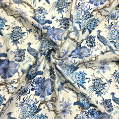 Digital Print Blue on Off-White Floral Work with Bird Motif Muslin Fabric