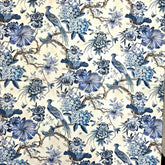 Digital Print Blue on Off-White Floral Work with Bird Motif Muslin Fabric