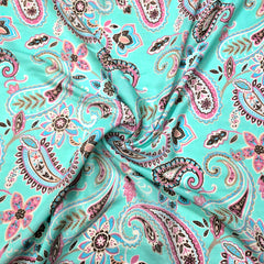 Digital Print on Turquoise Blue with Paisley Motif Muslin Fabric