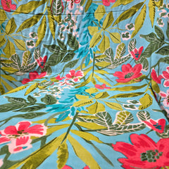 Digital Print on Teal Blue Muslin fabric with Red Floral Work