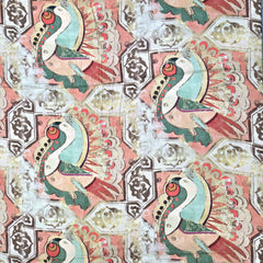Digital Print on Off-White & Brown with Bird Motif Muslin Fabric