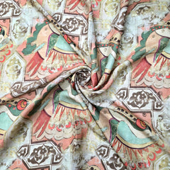 Digital Print on Off-White & Brown with Bird Motif Muslin Fabric