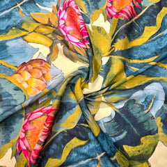 Digital Print on Off-White Muslin Fabric with Lotus & Leaves Motif