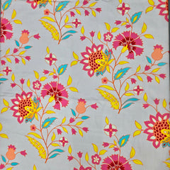 Digital Print on Peach Muslin Fabric with Floral Work