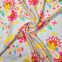 Digital Print on Peach Muslin Fabric with Floral Work