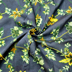 Digital Print on Navy Blue Muslin Fabric with Floral Work