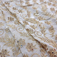 Shisha Dyeable Embroidered Mirror on Upada Silk Fabric with Floral Vine Work