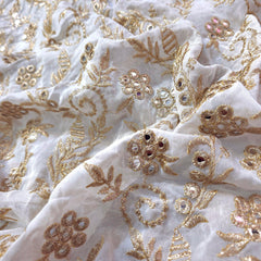 Shisha Dyeable Embroidered Mirror on Upada Silk Fabric with Floral Vine Work