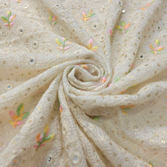 Sheesh-Aura Dyeable Georgette Fabric Grid Mirror Work and Multicolor Threadwork