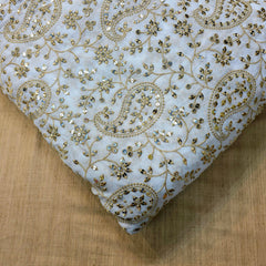 Dyeable Embroidered Georgette Fabric with Paisley Motif Mirror Work