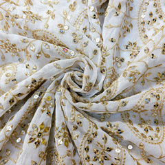 Dyeable Embroidered Georgette Fabric with Paisley Motif Mirror Work