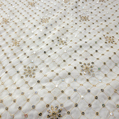 Dyeable Embroidered Georgette Fabric with Mirror work and Golden Floral Zari Work