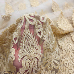 Embroidered White Net Fabric with Gold Resham & Zari Work with Border