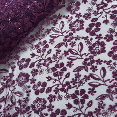 Floral Sequin Embroidered Wine Colored Net Fabric