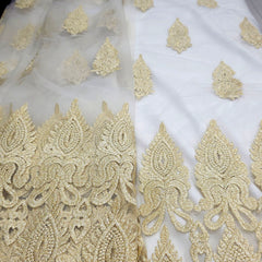 Embroidered White Net Fabric with Gold Resham & Zari Work with Border