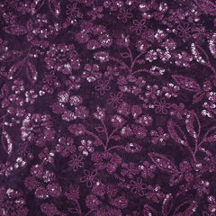 Floral Sequin Embroidered Wine Colored Net Fabric