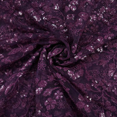 Floral Sequin Embroidered Wine Colored Net Fabric