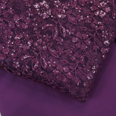 Floral Sequin Embroidered Wine Colored Net Fabric