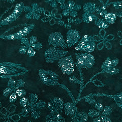 Floral Sequin Embroidered Teal Green Colored Net Fabric