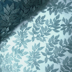 Leafy Threadwork Sequin Embroidered Teal Blue Net Fabric