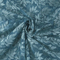 Leafy Threadwork Sequin Embroidered Teal Blue Net Fabric