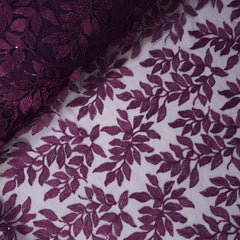 Leafy Threadwork Sequin Embroidered Wine Net Fabric
