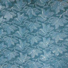 Lotus Threadwork Sequin Embroidered Sky Blue Net Fabric