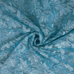 Lotus Threadwork Sequin Embroidered Sky Blue Net Fabric