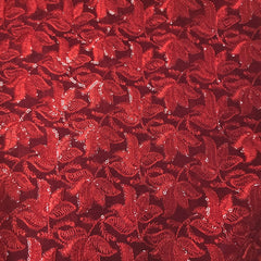 Lotus Threadwork Sequin Embroidered Red Net Fabric