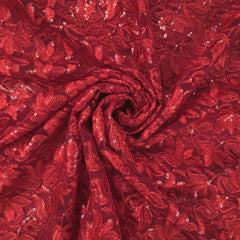 Lotus Threadwork Sequin Embroidered Red Net Fabric