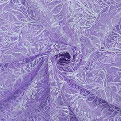 Embroidered Lilac Purple Net Fabric with Intricate Floral Patterns